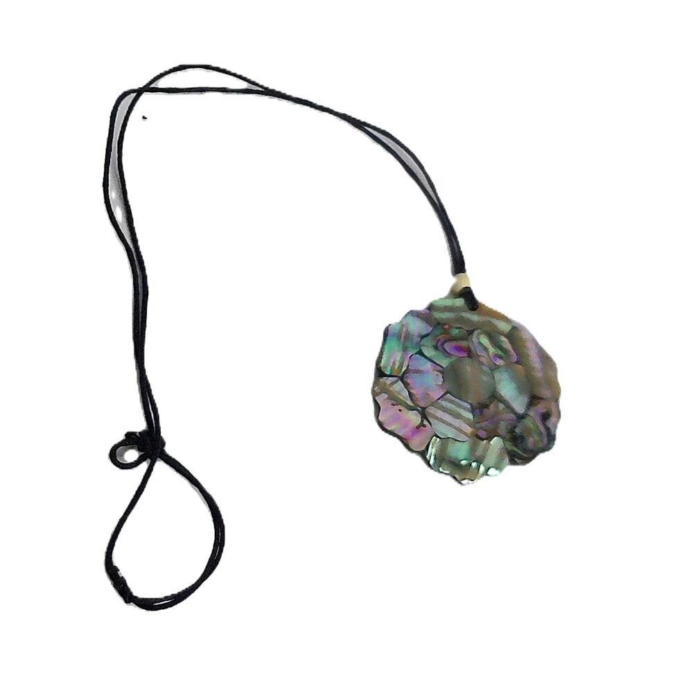 Vintage Abalone Mother of Pearl Shell Inlany Flower Pendant on Rope Cord Choker